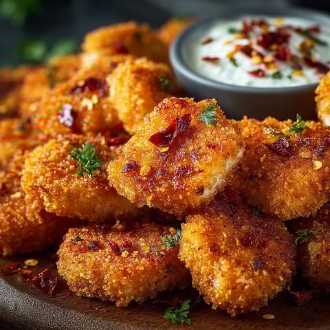 Une pile de nuggets maison épicés, accompagnés d'une sauce, sur un plateau.