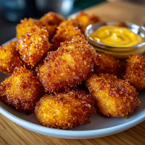 Une assiette de nuggets croustillants aux cornflakes, avec une sauce au yaourt.