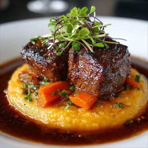 Une recette de Joues de Bœuf et Purée de Carottes est servie sur un plateau.
