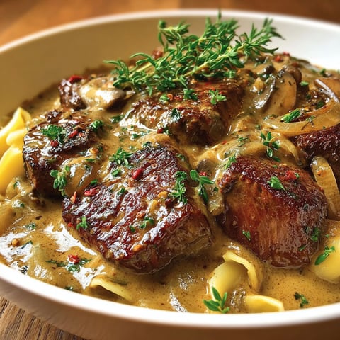 Une assiette de joues de bœuf à la crème et moutarde, servie sur une table.