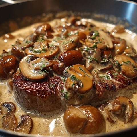 Une recette de Joues de Bœuf aux Champignons et Crème est servie dans un plat en acier.