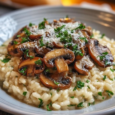 Un plat de risotto aux champignons crémeux, garnis de herbes fraîches et parsley, est présenté sur une table.