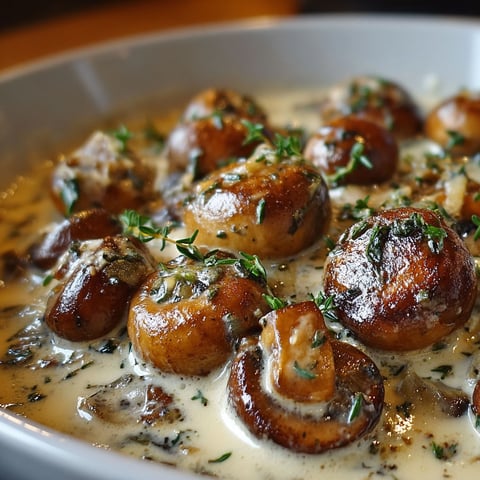 Une assiette de champignons cuits dans une sauce crème, accompagnés de thym.